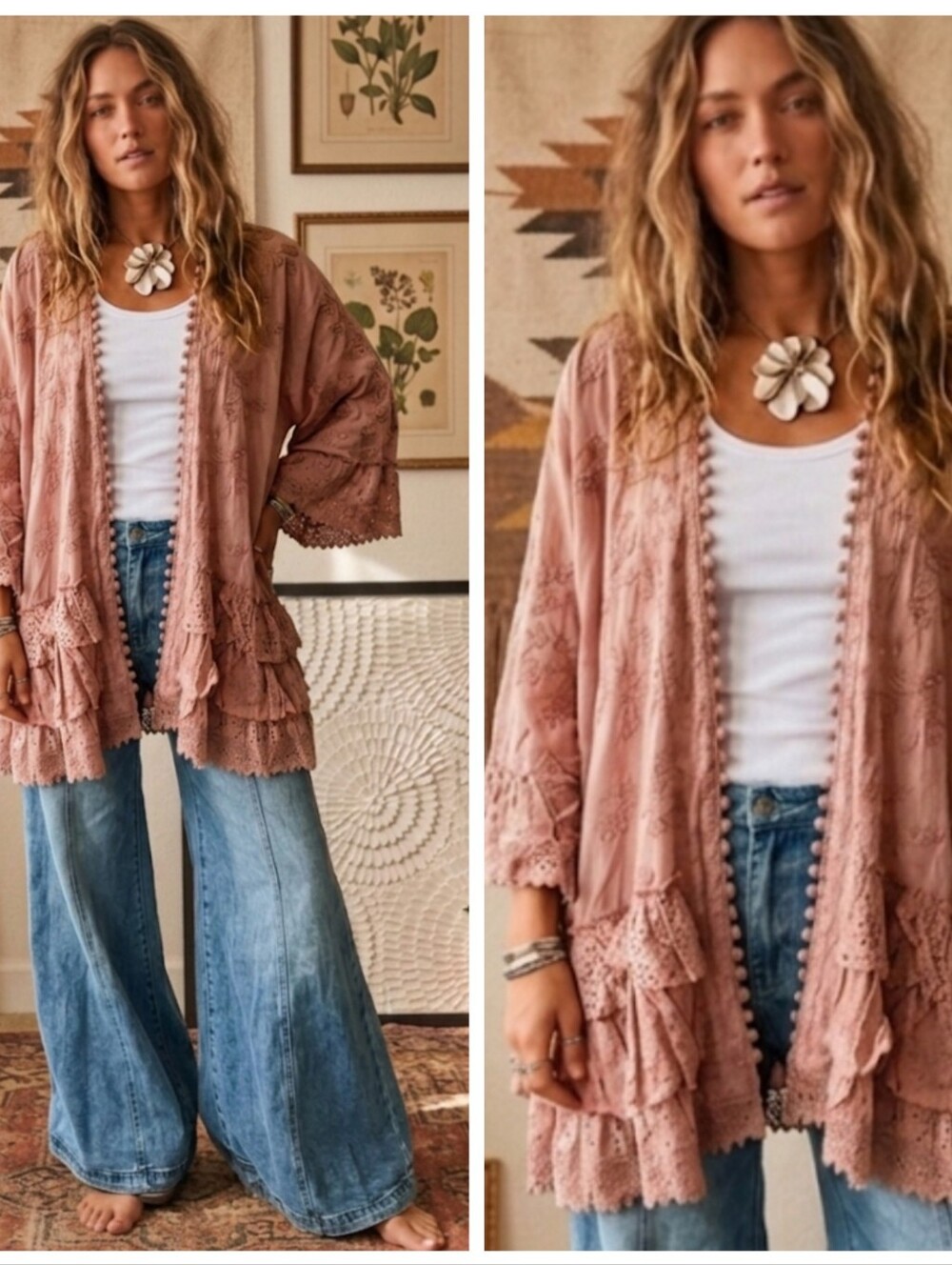 Mauve Pink Embroidered Ruffle Kimono Eyelit Kimono Cardigan